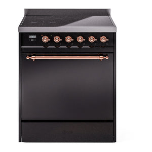 ILVE Nostalgie II 30-Inch Induction Range with 4 Induction Elements, 3.5 cu. ft. Oven, Glossy Black with Copper Trim, Solid Door, UPI304QNMPBKP
