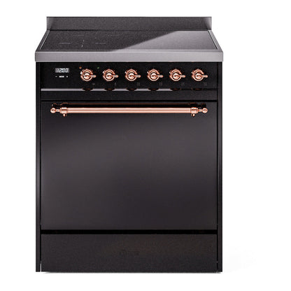 ILVE Nostalgie II 30-Inch Induction Range with 4 Induction Elements, 3.5 cu. ft. Oven, Glossy Black with Copper Trim, Solid Door, UPI304QNMPBKP