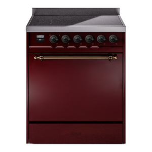 ILVE Nostalgie II 30-Inch Induction Range with 4 Induction Elements, 3.5 cu. ft. Oven, Burgundy with Burnished Trim, Solid Door, UPI304QNMPBUB