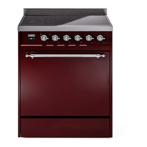 ILVE Nostalgie II 30-Inch Induction Range with 4 Induction Elements, 3.5 cu. ft. Oven, Burgundy with Chrome Trim, Solid Door, UPI304QNMPBUC