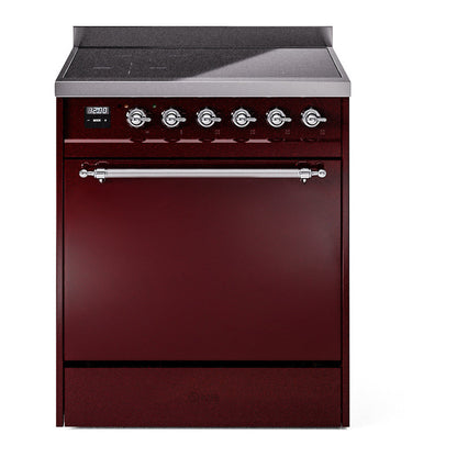 ILVE Nostalgie II 30-Inch Induction Range with 4 Induction Elements, 3.5 cu. ft. Oven, Burgundy with Chrome Trim, Solid Door, UPI304QNMPBUC