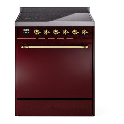 ILVE Nostalgie II 30-Inch Induction Range with 4 Induction Elements, 3.5 cu. ft. Oven, Burgundy with Brass Trim, Solid Door, UPI304QNMPBUG