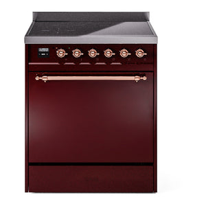 ILVE Nostalgie II 30-Inch Induction Range with 4 Induction Elements, 3.5 cu. ft. Oven, Burgundy with Copper Trim, Solid Door, UPI304QNMPBUP