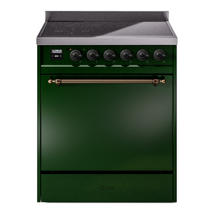 ILVE Nostalgie II 30-Inch Induction Range with 4 Induction Elements, 3.5 cu. ft. Oven, Emerald Green with Burnished Trim, Solid Door, UPI304QNMPEGB