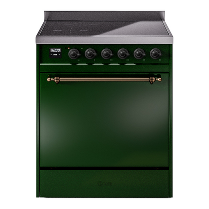 ILVE Nostalgie II 30-Inch Induction Range with 4 Induction Elements, 3.5 cu. ft. Oven, Emerald Green with Burnished Trim, Solid Door, UPI304QNMPEGB
