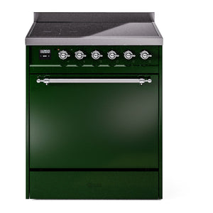 ILVE Nostalgie II 30-Inch Induction Range with 4 Induction Elements, 3.5 cu. ft. Oven, Emerald Green with Chrome Trim, Solid Door, UPI304QNMPEGC