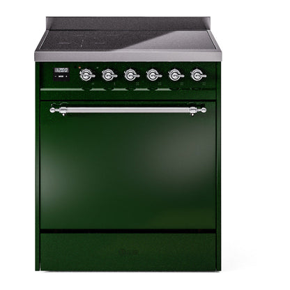 ILVE Nostalgie II 30-Inch Induction Range with 4 Induction Elements, 3.5 cu. ft. Oven, Emerald Green with Chrome Trim, Solid Door, UPI304QNMPEGC