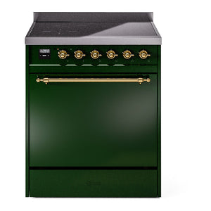 ILVE Nostalgie II 30-Inch Induction Range with 4 Induction Elements, 3.5 cu. ft. Oven, Emerald Green with Brass Trim, Solid Door, UPI304QNMPEGG