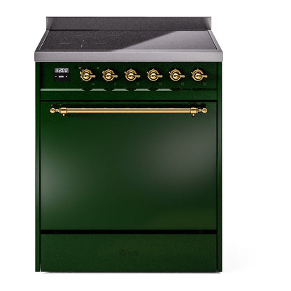 ILVE Nostalgie II 30-Inch Induction Range with 4 Induction Elements, 3.5 cu. ft. Oven, Emerald Green with Brass Trim, Solid Door, UPI304QNMPEGG
