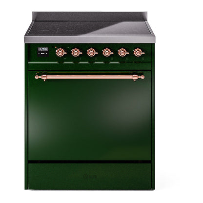 ILVE Nostalgie II 30-Inch Induction Range with 4 Induction Elements, 3.5 cu. ft. Oven, Emerald Green with Copper Trim, Solid Door, UPI304QNMPEGP