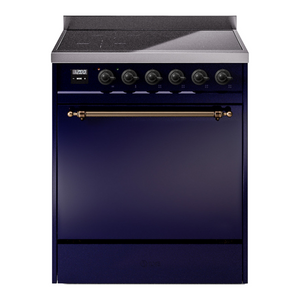 ILVE Nostalgie II 30-Inch Induction Range with 4 Induction Elements, 3.5 cu. ft. Oven, Midnight Blue with Burnished Trim, Solid Door, UPI304QNMPMBB