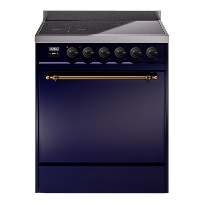 ILVE Nostalgie II 30-Inch Induction Range with 4 Induction Elements, 3.5 cu. ft. Oven, Midnight Blue with Burnished Trim, Solid Door, UPI304QNMPMBB