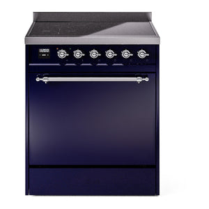 ILVE Nostalgie II 30-Inch Induction Range with 4 Induction Elements, 3.5 cu. ft. Oven, Midnight Blue with Chrome Trim, Solid Door, UPI304QNMPMBC