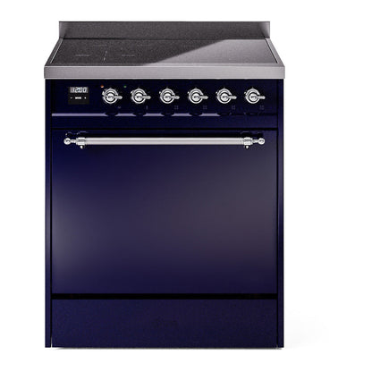 ILVE Nostalgie II 30-Inch Induction Range with 4 Induction Elements, 3.5 cu. ft. Oven, Midnight Blue with Chrome Trim, Solid Door, UPI304QNMPMBC