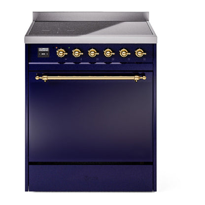 ILVE Nostalgie II 30-Inch Induction Range with 4 Induction Elements, 3.5 cu. ft. Oven, Midnight Blue with Brass Trim, Solid Door, UPI304QNMPMBG