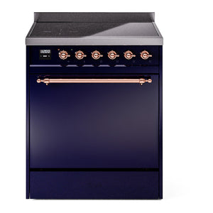 ILVE Nostalgie II 30-Inch Induction Range with 4 Induction Elements, 3.5 cu. ft. Oven, Midnight Blue with Copper Trim, Solid Door, UPI304QNMPMBP