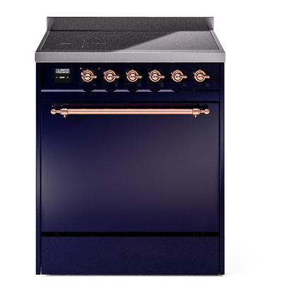 ILVE Nostalgie II 30-Inch Induction Range with 4 Induction Elements, 3.5 cu. ft. Oven, Midnight Blue with Copper Trim, Solid Door, UPI304QNMPMBP