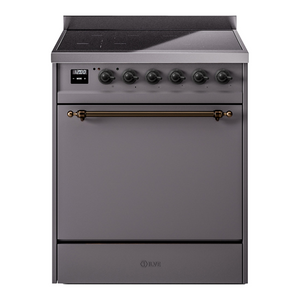 ILVE Nostalgie II 30-Inch Induction Range with 4 Induction Elements, 3.5 cu. ft. Oven, Graphite Matte with Burnished Trim, Solid Door, UPI304QNMPMGB