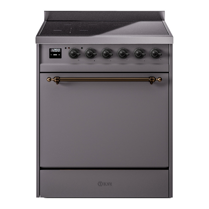 ILVE Nostalgie II 30-Inch Induction Range with 4 Induction Elements, 3.5 cu. ft. Oven, Graphite Matte with Burnished Trim, Solid Door, UPI304QNMPMGB