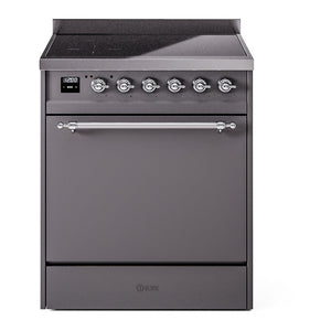 ILVE Nostalgie II 30-Inch Induction Range with 4 Induction Elements, 3.5 cu. ft. Oven, Graphite Matte with Chrome Trim, Solid Door, UPI304QNMPMGC