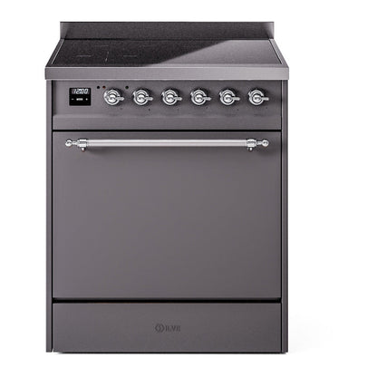 ILVE Nostalgie II 30-Inch Induction Range with 4 Induction Elements, 3.5 cu. ft. Oven, Graphite Matte with Chrome Trim, Solid Door, UPI304QNMPMGC