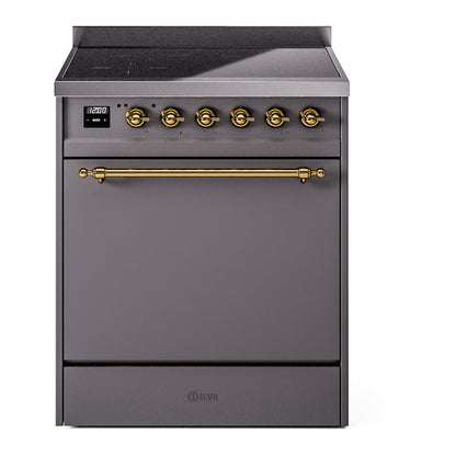 ILVE Nostalgie II 30-Inch Induction Range with 4 Induction Elements, 3.5 cu. ft. Oven, Graphite Matte with Brass Trim, Solid Door, UPI304QNMPMGG