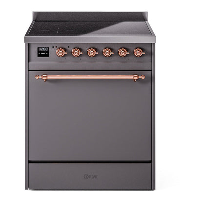ILVE Nostalgie II 30-Inch Induction Range with 4 Induction Elements, 3.5 cu. ft. Oven, Graphite Matte with Copper Trim, Solid Door, UPI304QNMPMGP