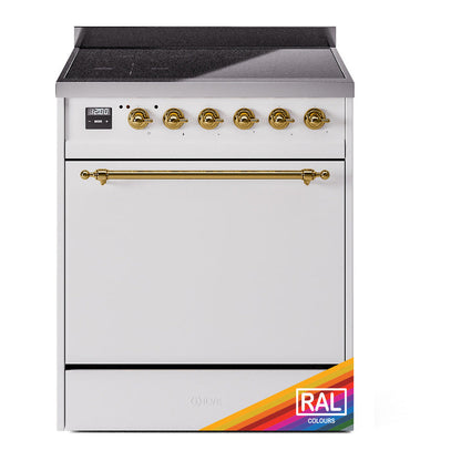 ILVE Nostalgie II 30-Inch Induction Range with 4 Induction Elements, 3.5 cu. ft. Oven, RAL with Brass Trim, Solid Door, UPI304QNMPRAG