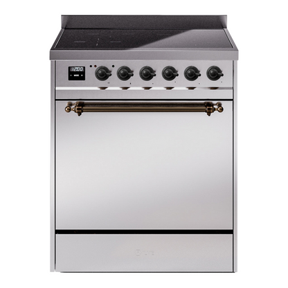 ILVE Nostalgie II 30-Inch Induction Range with 4 Induction Elements, 3.5 cu. ft. Oven, Stainless Steel with Burnished Trim, Solid Door, UPI304QNMPSSB