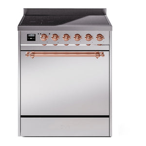 ILVE Nostalgie II 30-Inch Induction Range with 4 Induction Elements, 3.5 cu. ft. Oven, Stainless Steel with Copper Trim, Solid Door, UPI304QNMPSSP