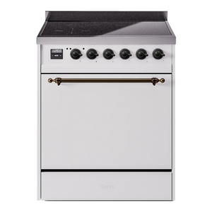 ILVE Nostalgie II 30-Inch Induction Range with 4 Induction Elements, 3.5 cu. ft. Oven, White with Burnished Trim, Solid Door, UPI304QNMPWHB