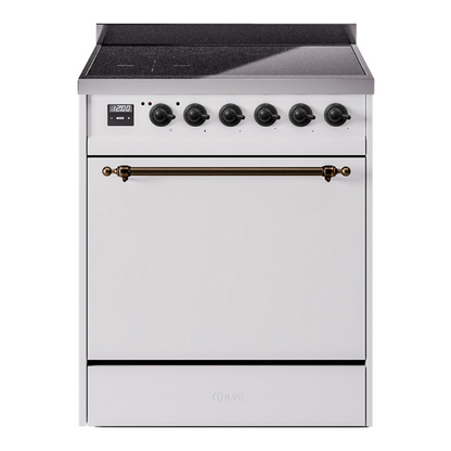 ILVE Nostalgie II 30-Inch Induction Range with 4 Induction Elements, 3.5 cu. ft. Oven, White with Burnished Trim, Solid Door, UPI304QNMPWHB