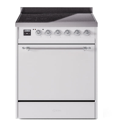 ILVE Nostalgie II 30-Inch Induction Range with 4 Induction Elements, 3.5 cu. ft. Oven, White with Chrome Trim, Solid Door, UPI304QNMPWHC