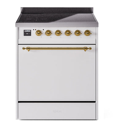 ILVE Nostalgie II 30-Inch Induction Range with 4 Induction Elements, 3.5 cu. ft. Oven, White with Brass Trim, Solid Door, UPI304QNMPWHG