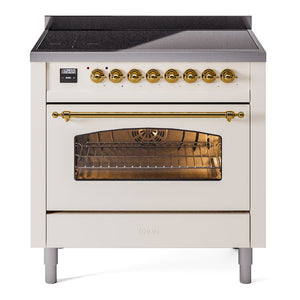 ILVE Nostalgie II 36-Inch Induction Range with 6 Induction Elements, 3.5 cu. ft. Oven, Antique White with Brass Trim, Triple Glass Door, UPI366NMPAWG