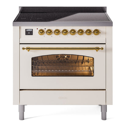 ILVE Nostalgie II 36-Inch Induction Range with 6 Induction Elements, 3.5 cu. ft. Oven, Antique White with Brass Trim, Triple Glass Door, UPI366NMPAWG