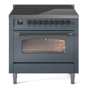 ILVE Nostalgie II 36-Inch Induction Range with 6 Induction Elements, 3.5 cu. ft. Oven, Blue Grey with Burnished Trim, Triple Glass Door, UPI366NMPBGB