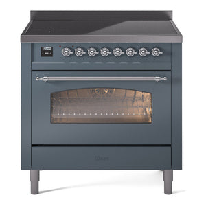 ILVE Nostalgie II 36-Inch Induction Range with 6 Induction Elements, 3.5 cu. ft. Oven, Blue Grey with Chrome Trim, Triple Glass Door, UPI366NMPBGC