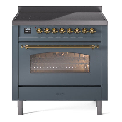 ILVE Nostalgie II 36-Inch Induction Range with 6 Induction Elements, 3.5 cu. ft. Oven, Blue Grey with Brass Trim, Triple Glass Door, UPI366NMPBGG