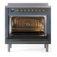 ILVE Nostalgie II 36-Inch Induction Range with 6 Induction Elements, 3.5 cu. ft. Oven, Blue Grey with Brass Trim, Triple Glass Door, UPI366NMPBGG