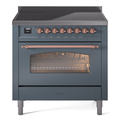 ILVE Nostalgie II 36-Inch Induction Range with 6 Induction Elements, 3.5 cu. ft. Oven, Blue Grey with Copper Trim, Triple Glass Door, UPI366NMPBGP