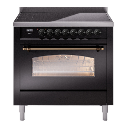 ILVE Nostalgie II 36-Inch Induction Range with 6 Induction Elements, 3.5 cu. ft. Oven, Glossy Black with Burnished Trim, Triple Glass Door, UPI366NMPBKB