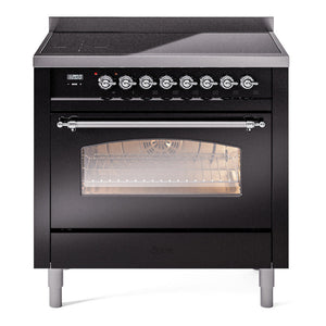 ILVE Nostalgie II 36-Inch Induction Range with 6 Induction Elements, 3.5 cu. ft. Oven, Glossy Black with Chrome Trim, Triple Glass Door, UPI366NMPBKC