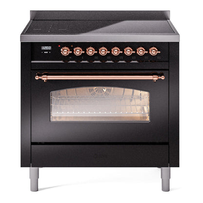 ILVE Nostalgie II 36-Inch Induction Range with 6 Induction Elements, 3.5 cu. ft. Oven, Glossy Black with Copper Trim, Triple Glass Door, UPI366NMPBKP