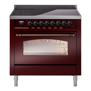 ILVE Nostalgie II 36-Inch Induction Range with 6 Induction Elements, 3.5 cu. ft. Oven, Burgundy with Burnished Trim, Triple Glass Door, UPI366NMPBUB