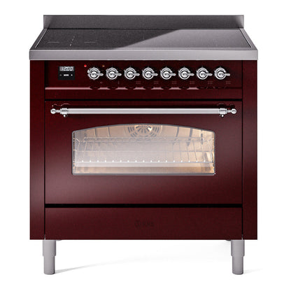 ILVE Nostalgie II 36-Inch Induction Range with 6 Induction Elements, 3.5 cu. ft. Oven, Burgundy with Chrome Trim, Triple Glass Door, UPI366NMPBUC