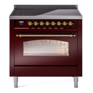 ILVE Nostalgie II 36-Inch Induction Range with 6 Induction Elements, 3.5 cu. ft. Oven, Burgundy with Brass Trim, Triple Glass Door, UPI366NMPBUG
