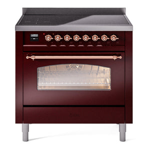 ILVE Nostalgie II 36-Inch Induction Range with 6 Induction Elements, 3.5 cu. ft. Oven, Burgundy with Copper Trim, Triple Glass Door, UPI366NMPBUP
