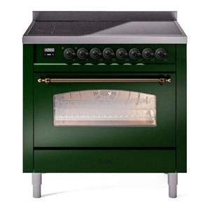 ILVE Nostalgie II 36-Inch Induction Range with 6 Induction Elements, 3.5 cu. ft. Oven, Emerald Green with Burnished Trim, Triple Glass Door, UPI366NMPEGB