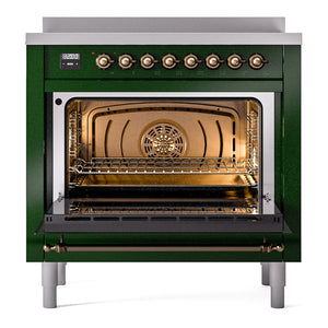 ILVE Nostalgie II 36-Inch Induction Range with 6 Induction Elements, 3.5 cu. ft. Oven, Emerald Green with Burnished Trim, Triple Glass Door, UPI366NMPEGB